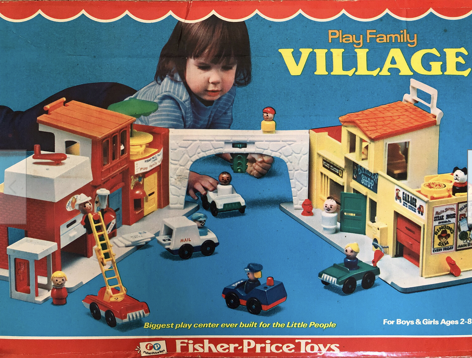 Box image from 1972 toy village of girl pushing car on Play Family street. 